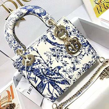 Dior Mini Lady Dior Bag White Calfskin with Blue-Tone Printed Size 17 x 15 x 7 cm