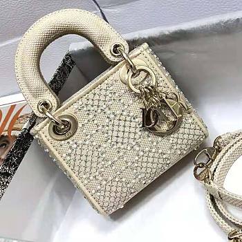 Dior Micro Lady Dior Bag Beige Canvas Embroidered Size 12 x 10.2 x 5 cm