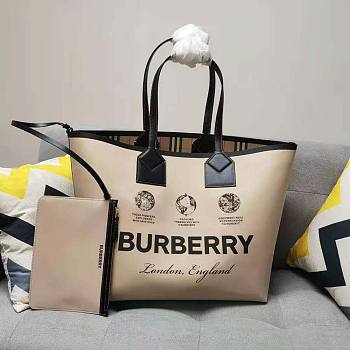 Burberry Label Print Cotton and Leather Large London Tote Bag Size 61 x 22 x 35 cm