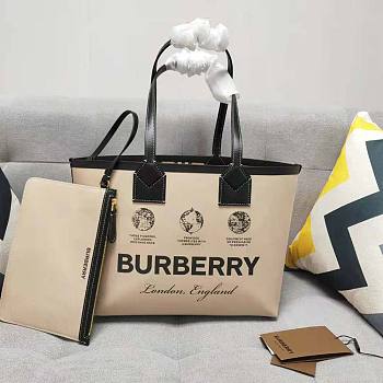 Burberry Label Print Cotton and Leather Small London Tote Bag Size 35 x 11 x 27cm