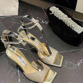 Jimmy Choo Saeda Sandal 100 Platinum Ice Dusty Glitter Sandals with Crystal Embellishment