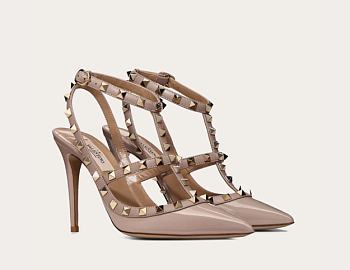 Valentino Rockstud Pumps In Patent Leather With 100mm Straps Powder