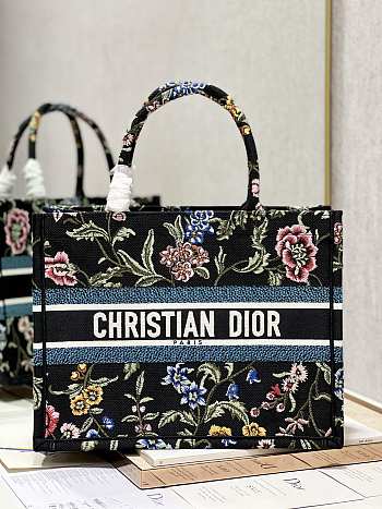 Dior Medium Book Tote Black Multicolor Dior Petites Fleurs Embroidery Size 36 × 28 cm