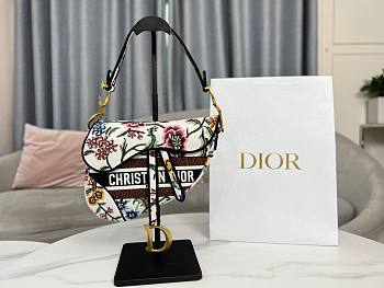 Dior Saddle Bag White Multicolor Petites Fleurs Embroidery Size 25.5 x 20 x 6.5 cm
