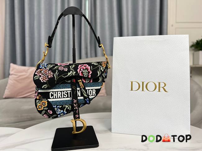 Dior Saddle Bag Black Multicolor Petites Fleurs Embroidery Size 25.5 x 20 x 6.5 cm - 1