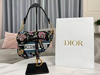 Dior Saddle Bag Black Multicolor Petites Fleurs Embroidery Size 25.5 x 20 x 6.5 cm