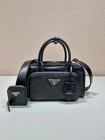 Prada Antique Nappa Leather Multi Pocket Top Handle Bag Black Size 24 x 15.5 x 7 cm