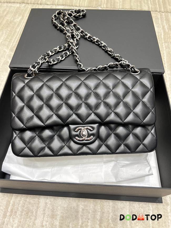 Chanel Lambskin Flap Bag Black Silver Hardware Size 28 cm - 1