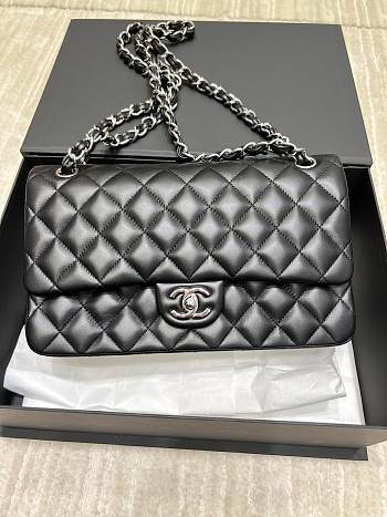 Chanel Lambskin Flap Bag Black Silver Hardware Size 28 cm