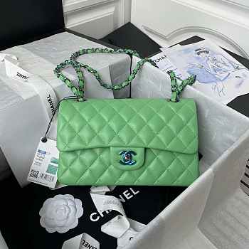  Chanel Flap Bag Green Lambskin Blue Hardware Size 14.5 × 23 × 6 cm