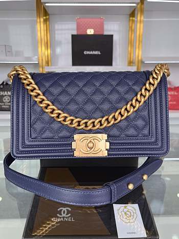 Chanel Calfskin Boy Bag Navy Blue Gold Hardware Size 25 x 15 x 8 cm