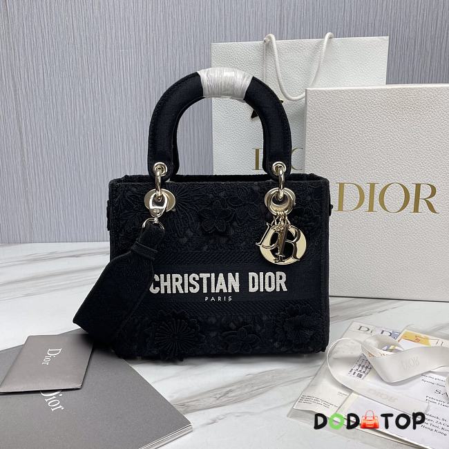 Dior Lady Black Flowers Bag White Embroidery Size 24 x 20 x 11 cm  - 1