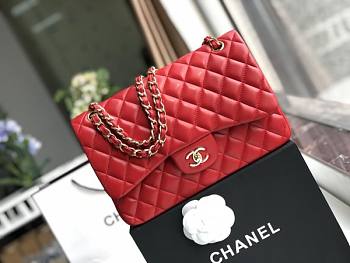 Chanel Flap Bag Gold Hardware Lambskin In Red Size 30 x 19.5 x 10 cm