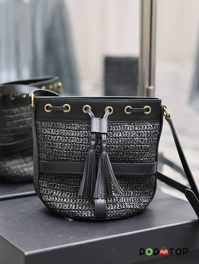 YSL Raffia Craft Bucket Black Bag Size 22 × 15 × 15 cm - 1