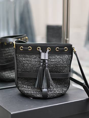 YSL Raffia Craft Bucket Black Bag Size 22 × 15 × 15 cm