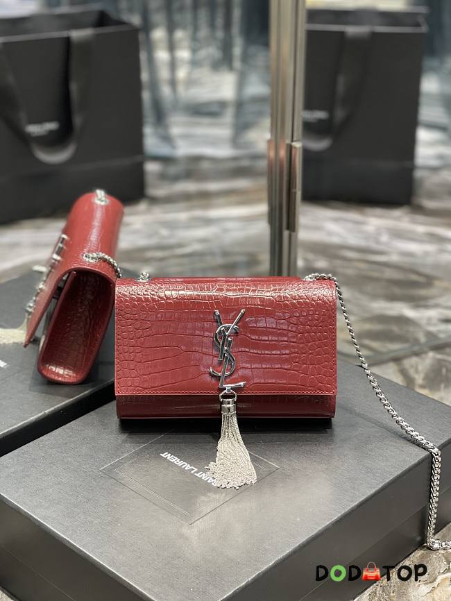 YSL Kate Crocodile Embossed Pattern Red/Silver Size 20 x 13.5 x 5.5 cm - 1