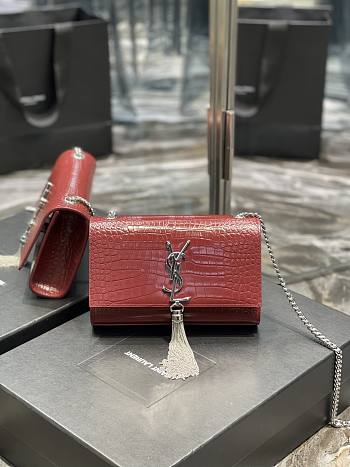 YSL Kate Crocodile Embossed Pattern Red/Silver Size 20 x 13.5 x 5.5 cm