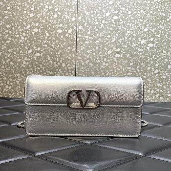 Valentino Garavani Small Leather Chain Wallet Silver Size 20 x 5.5 x 10 cm