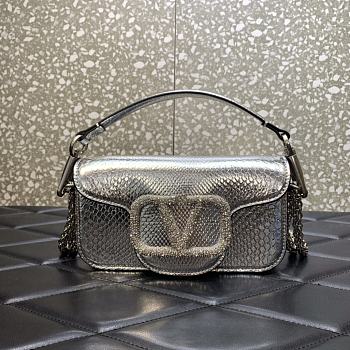 Valentino Snake Pattern Logo Handbag Silver Size 20 cm