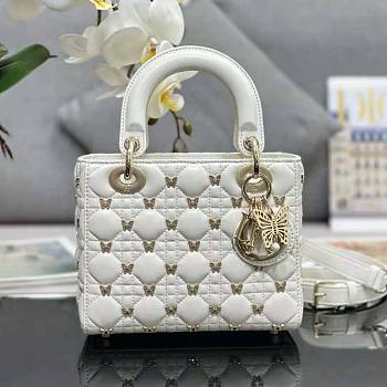 Lady Dior Bag White Finish Butterfly Studs Size 20 x 17 x 8 cm