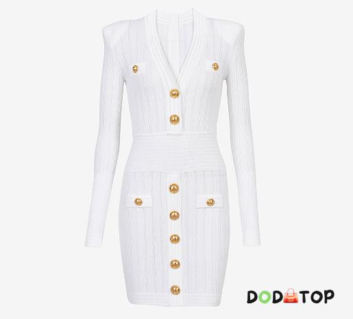 Balmain Short Eco-Designed Knit Dress With Gold-Tone Buttons White - 1