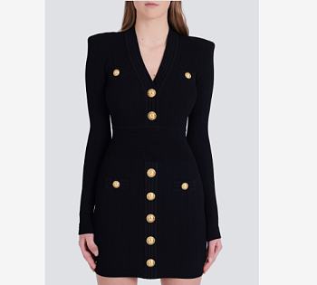 Balmain Short Eco-Designed Knit Dress With Gold-Tone Buttons Black