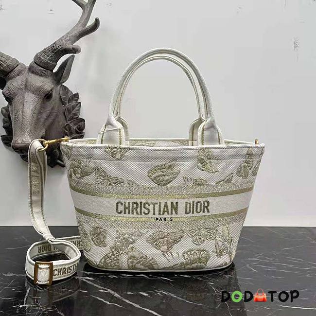 Dior Basket Bag White and Gold-tone Gradient Butterflies Embroidery Size 27 x 20 x 8 cm  - 1