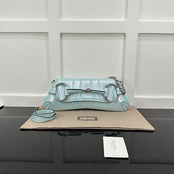  Gucci Horsebit Chain Medium Shoulder Bag Blue Pearl Size 38 x 15 x 16 cm