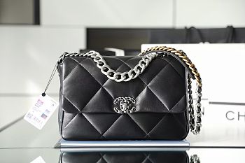 Chanel 19 Large Flap Bag Lambskin Black Silver Size 30 cm