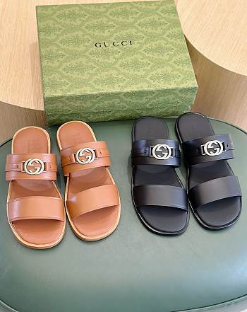 Gucci Men's Sandal With Round Interlocking Black/Brown
