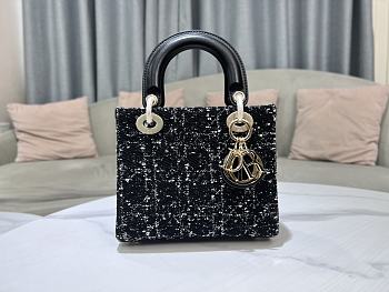 Dior Medium Lady D-Lite Bag Black Cannage Tweed Size 20 x 16.5 x 8 cm