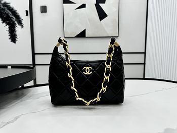  Chanel Small Hobo Black Bag Shiny Lambskin Gold Metal Size 24 x 26 x 9.5 cm