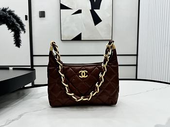 Chanel Small Hobo Brown Bag Shiny Lambskin Gold Metal Size 24 x 26 x 9.5 cm