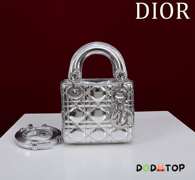 Dior Lady Diana Sheepskin Micro Silver Bag Size 12 x 10 x 5 cm - 1