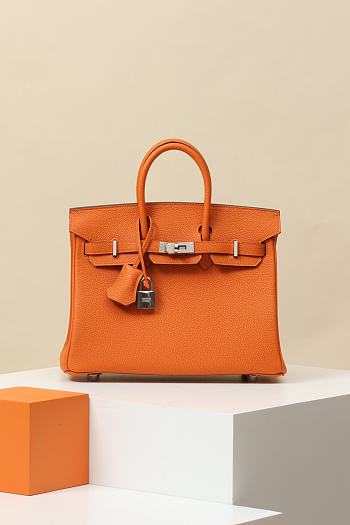 Hermes Togo Leather Handbag Orange Silver Hardware Size 25 x 20 x 13 cm