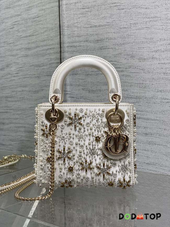 Dior Mini Lady Dior Bag Latte Satin Embroidered With White Resin Pearls Size 17 cm - 1