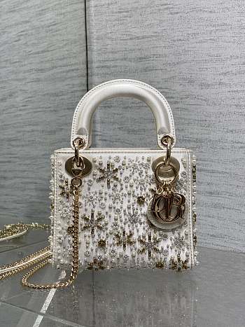 Dior Mini Lady Dior Bag Latte Satin Embroidered With White Resin Pearls Size 17 cm