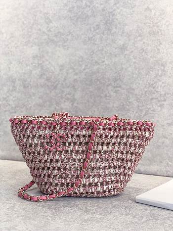 Chanel Beige/Pink Raffia Crochet Mixed Fibers Shopping Tote Bag size 20x36x12cm