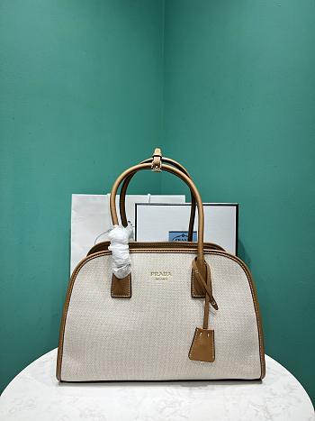 Prada Medium linen blend and leather brown tote bag size 22.5x35x18cm