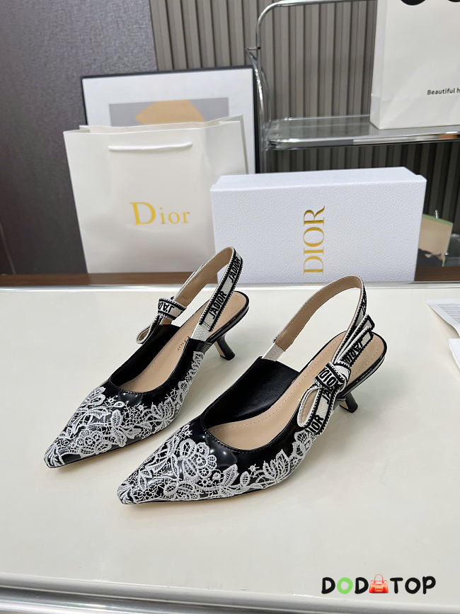 J'Adior Slingback Pump Black Calfskin Embroidered with White Roses - 1