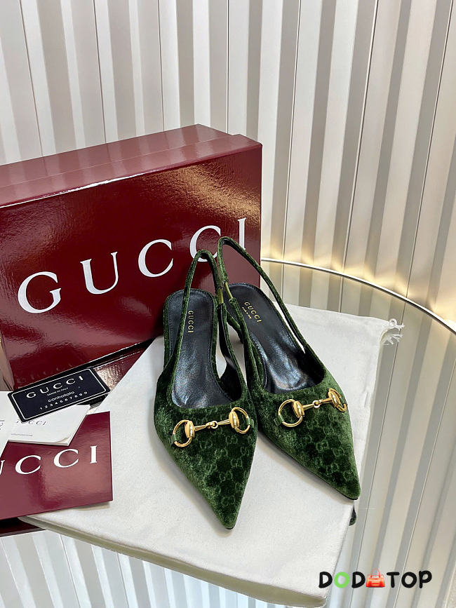 Gucci Women's slingback pump with Horsebit Variation dark green GG velvet - 4.5cm - 1