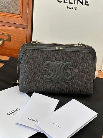 Celine Triumph Denim Leather Chain Pouch dark gray size 16.5x11x8cm