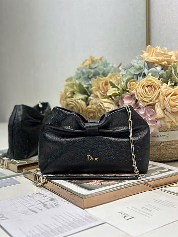 Dior Small Bow Bag Black Clover Embroidered 26x16x10cm