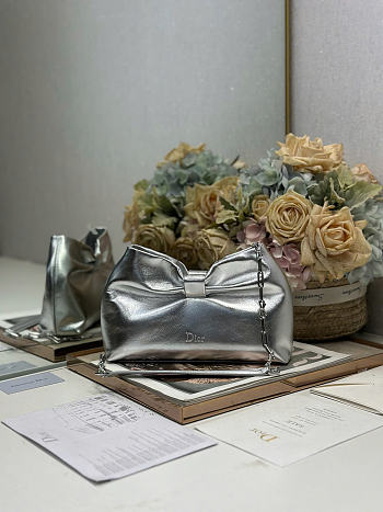 Dior Small Bow Bag Silver Clover Embroidered 26x16x10cm