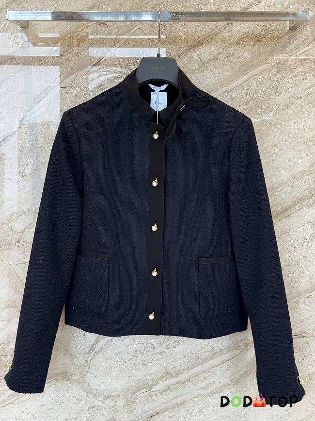 Dior Cropped Jacket Navy Blue Virgin Wool-Cotton-Blend Bouclé - 1