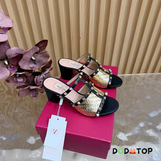 Valentino Garavani 60mm Rockstud Intreccio Metallic Nappa Leather Slide Sandals - 1