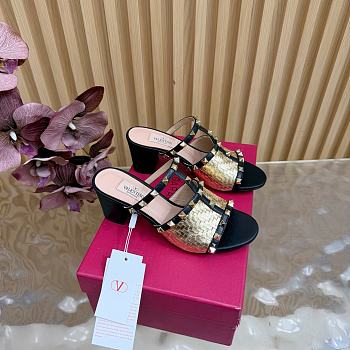 Valentino Garavani 60mm Rockstud Intreccio Metallic Nappa Leather Slide Sandals