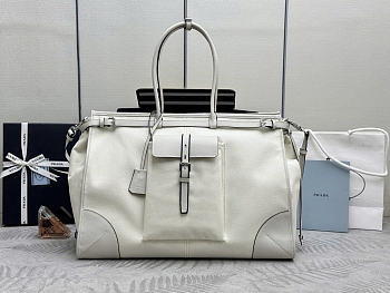 Prada Bonnie linen and leather tote bag white size 50x36x17cm