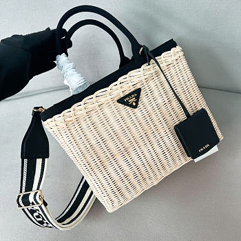 Prada wicker canvas tote bag black size 26x18x11.5cm