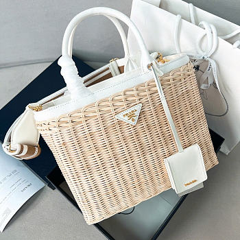 Prada wicker canvas tote bag white size 26x18x11.5cm